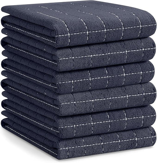 Homaxy 100% Cotton Terry Kitchen Towels(Dark Grey, 20 x 28 inches), Checkered Designed, Soft and Super Absorbent Dish Towels, Large 6 Pack