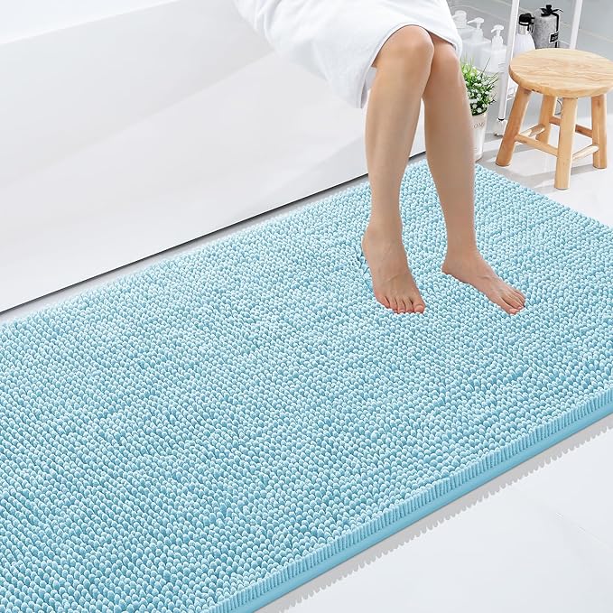 Smiry Luxury Chenille Bathroom Rugs 59x35, Extra Soft and Absorbent Shaggy Bath Mat, Machine Washable, Non-Slip Plush Carpet Runner for Tub, Shower, and Floor, Home Decor Accessories, Sky Blue