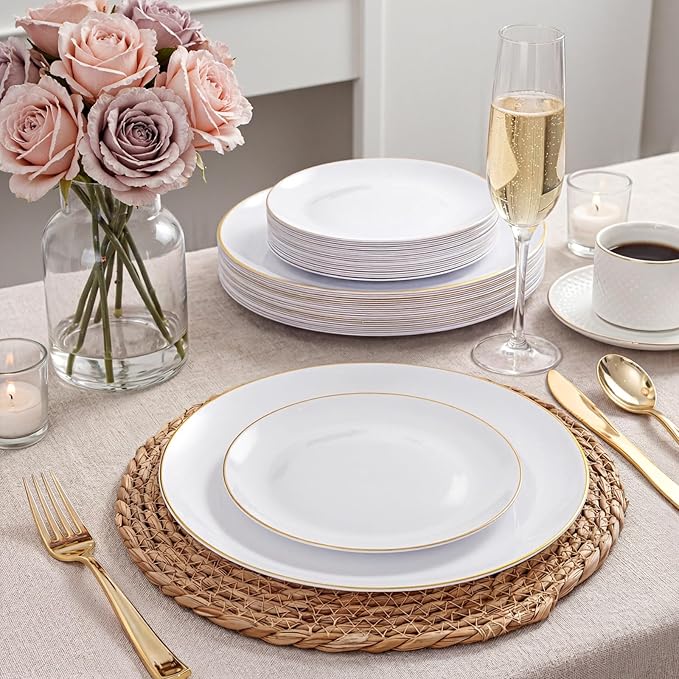 KIRE 60PCS Gold Plastic Plates - Thanksgiving Heavy Duty White Disposable Plates with Gold Rim for Party/Wedding- Include 30Pieces 10.25inch Dinner Plate and 30Pcs 7.5inch Dessert Plate