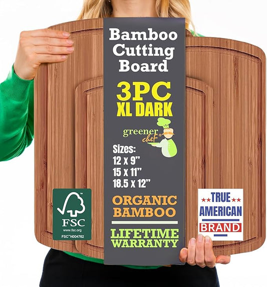 Organic Bamboo Cutting Board Set with Lifetime Replacements - 3pc Non Toxic Wood Chopping Board for Charcuterie, Meat, Vegetables and Fruits - Ideal Kitchen Gifts for Home Chefs
