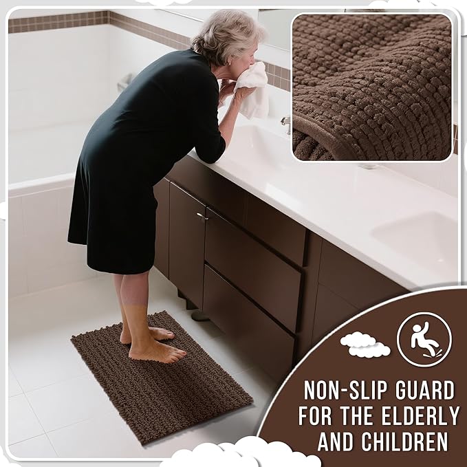 Yimobra Large Bathroom Rugs Non Slip Washable 36x24 Inch - Ultra Soft Absorbent Chenille Bath Mat, Quick Dry Shaggy Floor Carpet for Tub Shower, Brown Home Decor Accessories