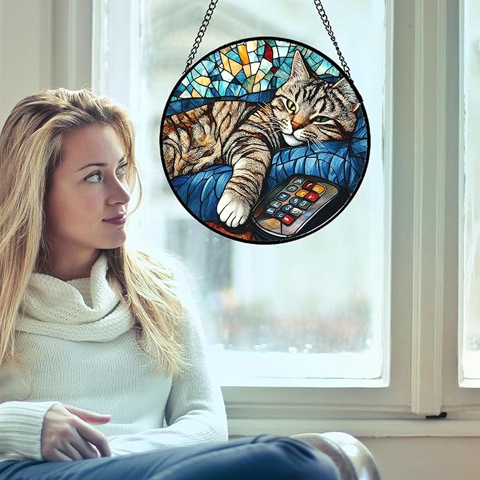 Stained Glass Window Hanging Gray Cat and Remote Control 7.8" - Suncatcher Door Garden Kitchen Sun Catcher Home Decor Birthday for Lost Pets Mom Men Woman Friend Grandma