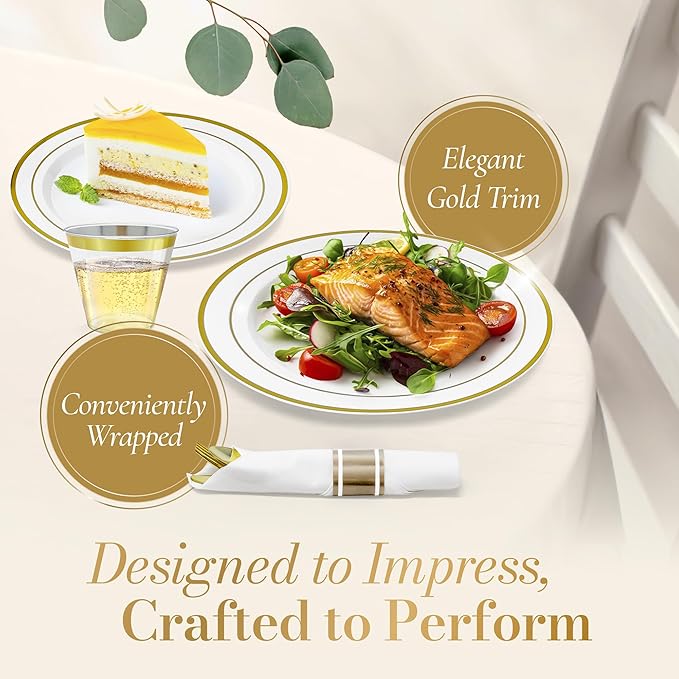 Reli. Plastic Plates for Party | 210 Pieces | White w/Gold Rim | Plates and Napkins Party Supplies | Disposable Dinnerware Set for 30 Guests | Dinner & Dessert Pack, Pre-Rolled Gold Cutlery Set, Cups