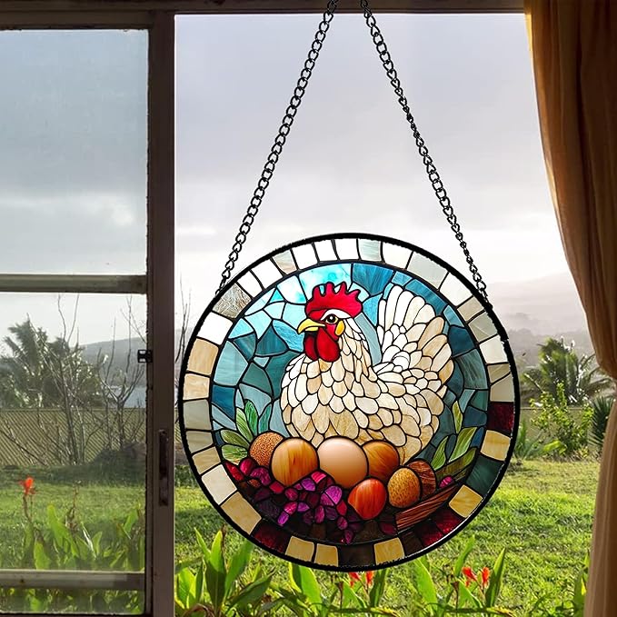 Stained Glass Window Hanging White Chicken Hatching Eggs 6.3" - Suncatcher Door Garden Sunroom Sun Catcher Home Decor Birthday Christmas for Mom Men Woman Nana