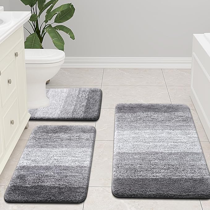 Arotive Microfiber Bathroom Rugs, Shaggy Soft and Absorbent Contour Toilet Rugs, Non-Slip, Thick Plush Machine Washable Dry Bath Mats for Toilet Base, 24x20, Grey, U-Shape