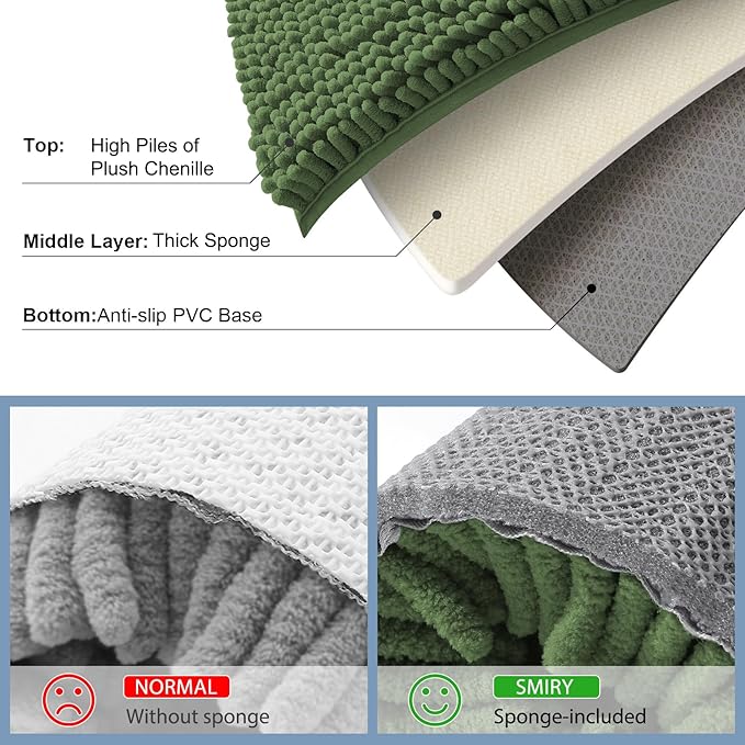 Smiry Luxury Chenille Bathroom Rugs 36x24, Extra Soft and Absorbent Shaggy Bath Mat, Machine Washable, Non-Slip Plush Carpet Runner for Tub, Shower, and Floor, Home Decor Accessories, Olive Green