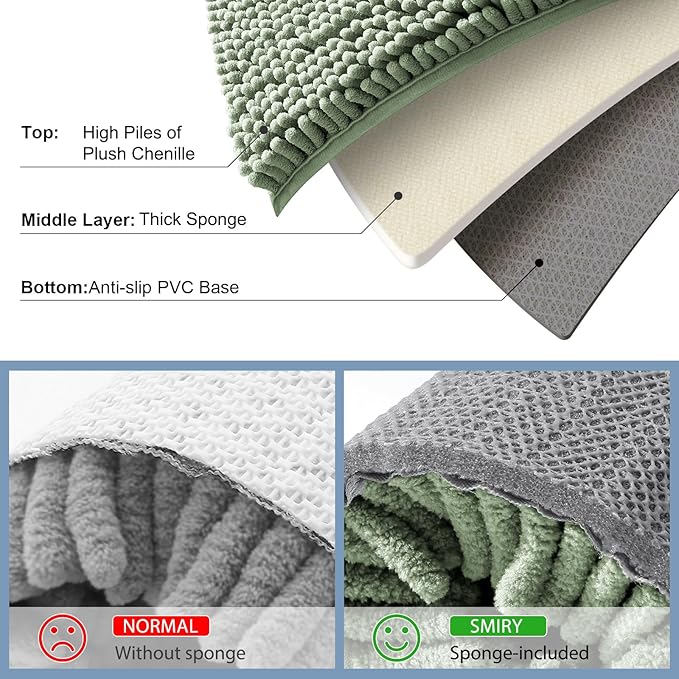 Smiry Luxury Chenille Bathroom Rugs 47x24, Extra Soft and Absorbent Shaggy Bath Mat, Machine Washable, Non-Slip Plush Carpet Runner for Tub, Shower, and Floor, Home Decor Accessories, Sage Green