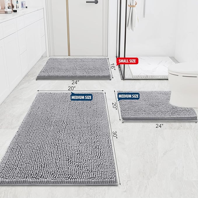 Smiry Luxury Chenille Bathroom Rugs 47x17, Extra Soft and Absorbent Shaggy Bath Mat, Machine Washable, Non-Slip Plush Carpet Runner for Tub, Shower, and Floor, Home Decor Accessories, Light Grey