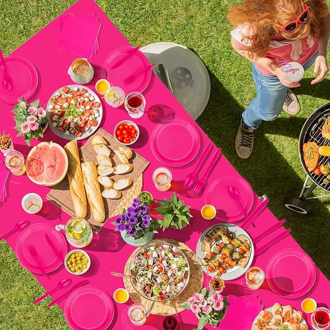 TWOWYHI 229PCS Hot Pink Party Supplies Set - Paper Disposable Plates Cups Plastic Spoons Forks Knives Napkins Serve 30 Guests