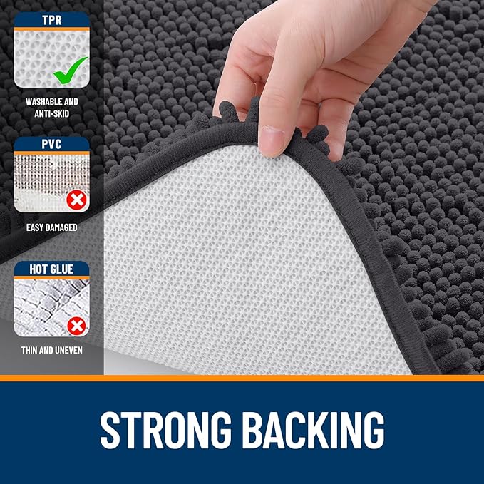 OLANLY Bathroom Rugs Sets 3 Piece, Soft Absorbent Chenille Bath Mats and U-Shaped Contour Toilet Rug, Quick Dry, Home Decor Accessories, Bath Mat Set for Bathroom (47"x20"+24"x16"+24"x20", Dark Grey)