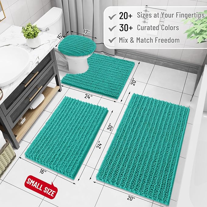Arotive Luxury Chenille Bathroom Rug Mat, Extra Soft Thick Absorbent Shaggy Bath Rugs, Non-Slip Machine Wash Dry, Plush Bath Mats for Bathroom, Shower and Tub, 36x24, Teal