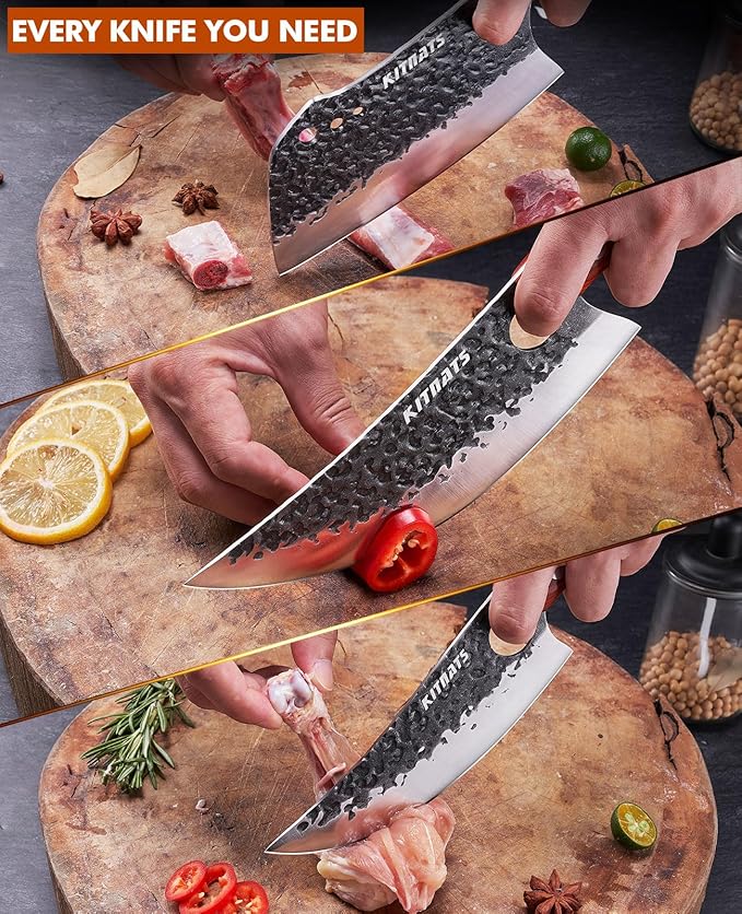 3PCS Hand Forged Butcher Knifes Set Razor Sharp Serbian Chef Knife Meat Cleaver Boning Knife Kitchen Set for Meat Cutting Cooking BBQ Gift for Men Women