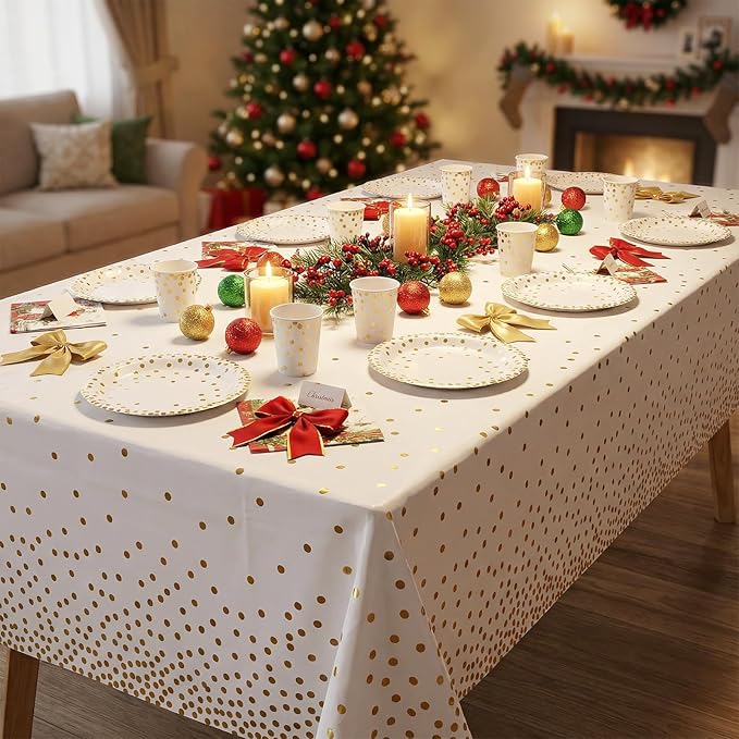201 PCS Disposable Paper Plates Gold Party Supplies, Golden Polka Dots Birthday and Baptism Decorations, include Plates and Cups, Napkins, Plastic Tablecloth for Baby Shower Wedding Christmas