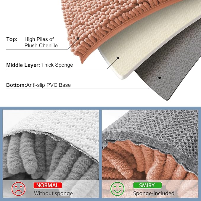 Smiry Luxury Chenille Bathroom Rugs 30x20, Extra Soft and Absorbent Shaggy Bath Mat, Machine Washable, Non-Slip Plush Carpet Runner for Tub, Shower, and Floor, Home Decor Accessories, Peach