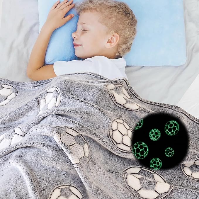 Wajade Soccer Gifts Toys for Boys Girls - Glow in The Dark Soccer Blanket Birthday Christmas Decor for Kids Age 3 4 5 6 7 8 9 10 11 12 Years Old Teens Child Toddler Throw Light Grey 60"x80"