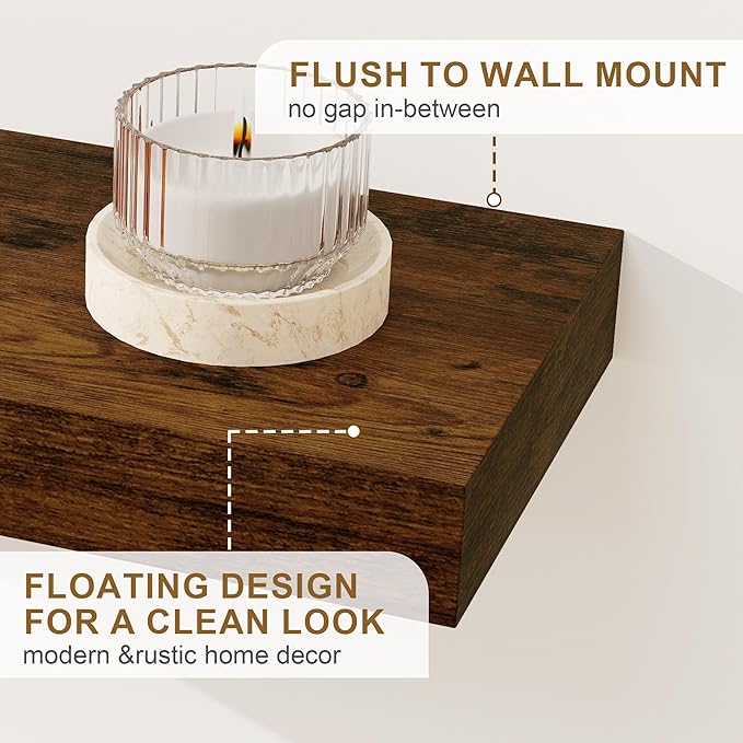 Fun Memories Floating Shelves for Wall, 20Inch Floating Shelves Set of 2, Hanging Shelf with Invisible Brackets, Wood Shelves for Living Room, Bedroom, Kitchen, Brown