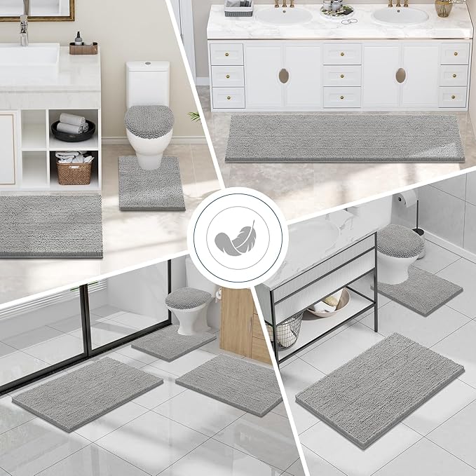Smiry Luxury Chenille Bathroom Rugs 59x20, Extra Soft and Absorbent Shaggy Bath Mat, Machine Washable, Non-Slip Plush Carpet Runner for Tub, Shower, and Floor, Home Decor Accessories, Light Grey