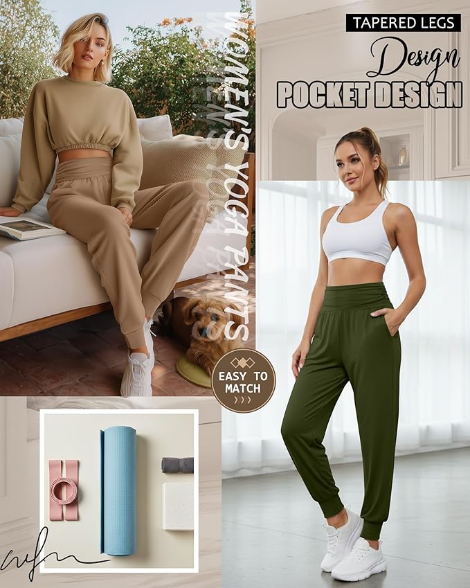 2 Pack Women's Yoga Joggers, Cozy Sweatpants with Pockets Casual Loose Comfy High Waisted Lounge Pants