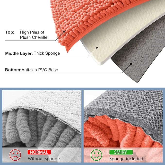 Smiry Luxury Chenille Bathroom Rugs 44x24, Extra Soft and Absorbent Shaggy Bath Mat, Machine Washable, Non-Slip Plush Carpet Runner for Tub, Shower, and Floor, Home Decor Accessories, Coral