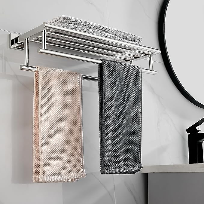 Towel Rack with Shelf 20 Inch Double Towel Racks for Bathroom Polished Chrome Bath Towel Holder SUS304 Stainless Steel Towel Rack Wall Mounted Modern Towel Hanger
