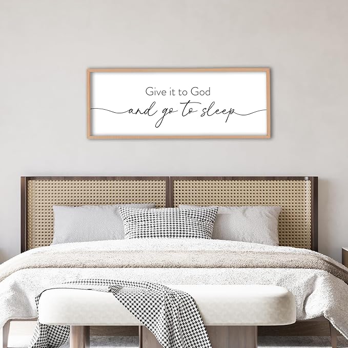 Give It To God And Go to Sleep Wall Decor 40"X15" Master Bedroom Above Bed Large Wood Framed Sign Rustic Guest Room Over Bed Wall Hanging Art (Wood)