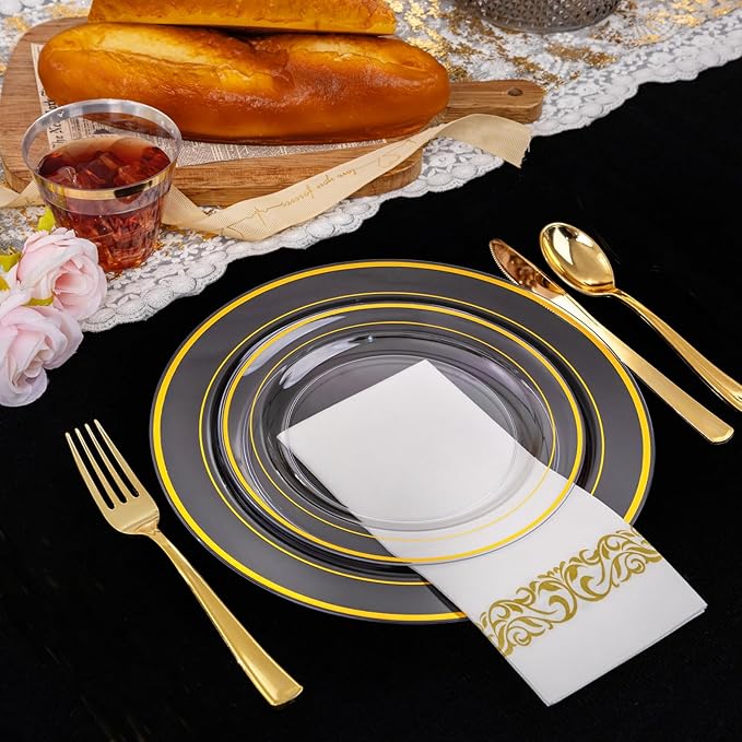 WELLIFE 350Pcs Clear and Gold Plastic Plates for 50 Guests - Disposable Plates for Party, Includes 100 Gold plates,150 Plastic Silverware, 50 Napkins, 50Cups, Disposable Dinnerware Set