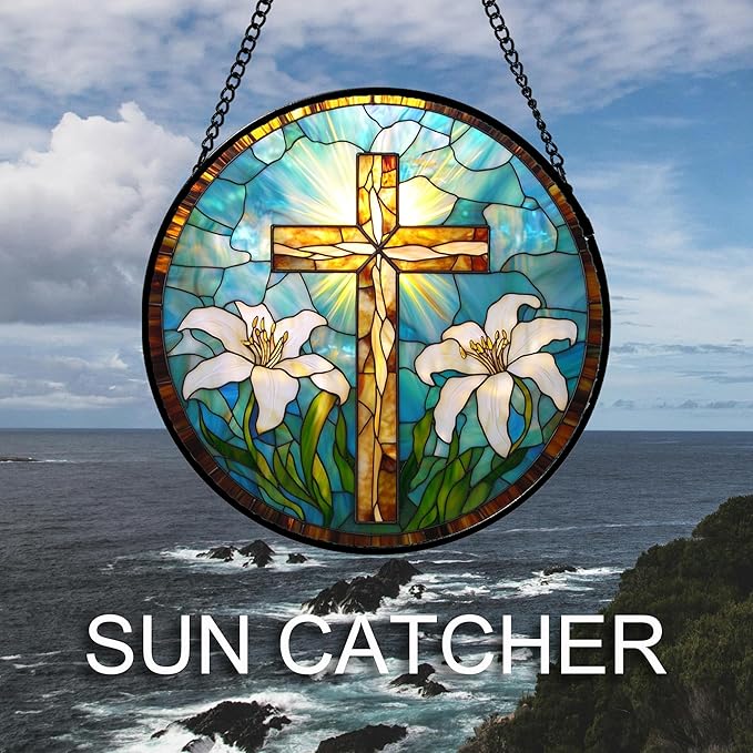 Christian Gifts for Women - Cross Stained Glass Window Hanging Jesus Easter White Lily Flower Sun Catcher Garden Religion Decor Mother's Day Catholic Gift for Men Grandma Mom Her Nana 7.8"