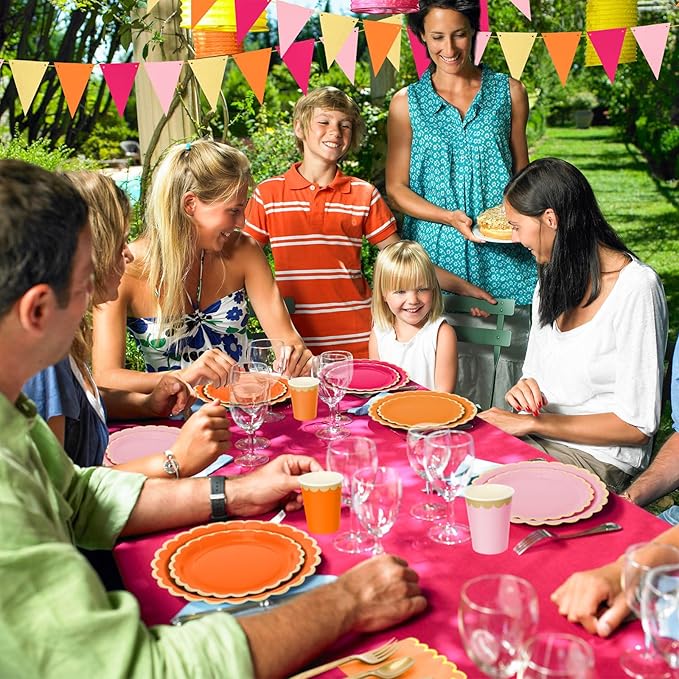 Mimorou 342 Pcs Pink and Orange Party Supplies Fall Tableware Paper Disposable Plates Napkins Cups Plastic Tablecloth Sage Golden Triangle Banner for Wedding Bachelorette Birthday
