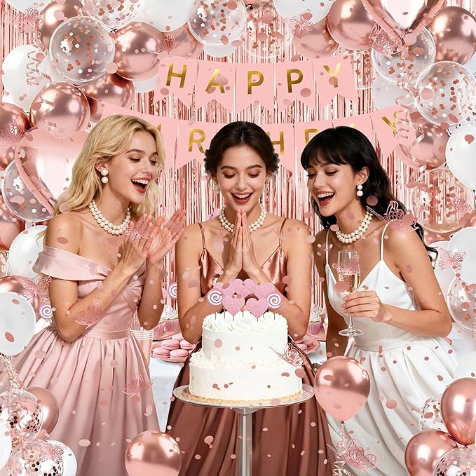 Sweet Rose Gold Birthday Party Decorations pack for Girls,Women-Happy Birthday Banners,Curtains Cake Topper decor,12pcs Butterfly,Plates Cups Napkins Straws for 25 Guest & More