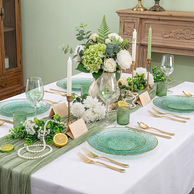 Rubtlamp 175 Pcs Green Plastic Plates Dinnerware Set (25 Guests), Hammered Plates Sets, Green Plastic Party Plates Set include 50 Disposable Plates Set, 75 Gold Plastic Silverware, 25 Cups 25 Napkins