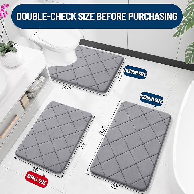 OLANLY Memory Foam Bath Mat 44x24, Ultra Soft and Absorbent Bathroom Rugs, Machine Washable, Comfortable Bath Carpet for Bathroom Floor, Tub and Shower, Medium Grey