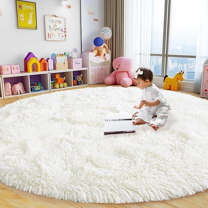 Round Fluffy Rugs 6Ft for Girls Bedroom, Cream White Shag Circle Kids Rug Non-Slip for Bedside Dorm Nursery Playroom, Soft Cute Area Rugs for Living Room Decor