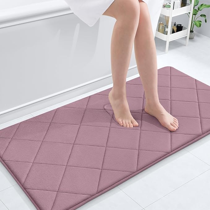 OLANLY Memory Foam Bath Mat 44x24, Ultra Soft and Absorbent Bathroom Rugs, Machine Washable, Comfortable Bath Carpet for Bathroom Floor, Tub and Shower, Deep Plum