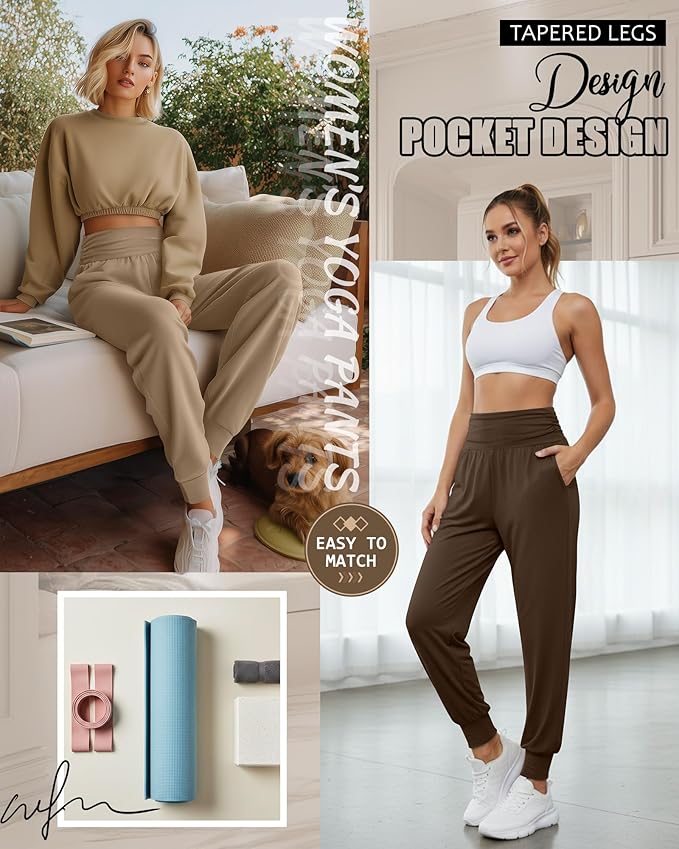 2 Pack Women's Yoga Joggers, Cozy Sweatpants with Pockets Casual Loose Comfy High Waisted Lounge Pants