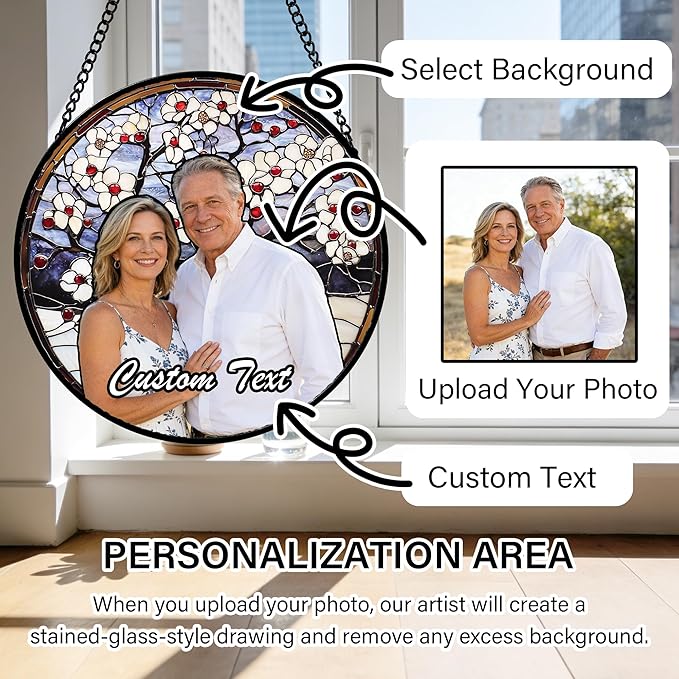 Personalized Gifts for Grandma - Custom Photo Family Portrait Faux Stained Glass Window Hanging Suncatcher, Christmas Mother's Day Home Ornaments Gift for Grandparents Nana Gigi Mom Grammy Gram