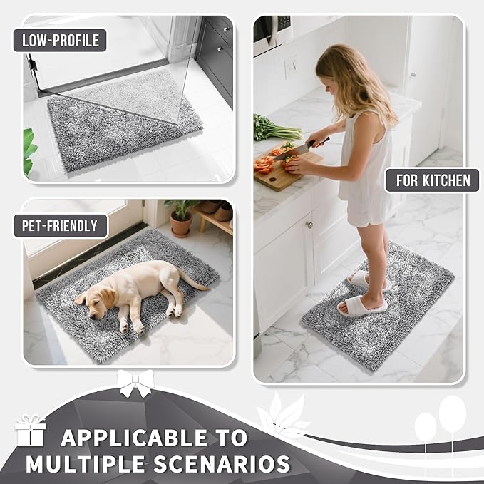 Yimobra Long Bathroom Rug Non Slip 44x24 Inch, Extra Thick Soft Absorbent Chenille Bath Mat, Machine Washable Bath Rugs for Bathroom Floor, Tub and Shower, Home Decor Accessories, Light Grey