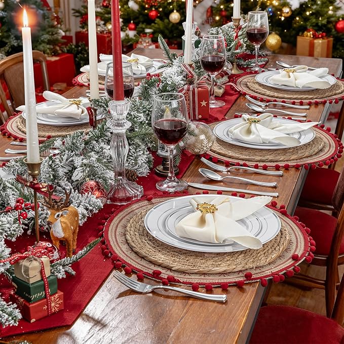 WDF 40Guest Silver Plastic Plates with Silverware - White Plastic Plates with Silver Rim, Dinnerware Sets Include 40 Dinner Plate, 40 Salad Plate,40 Forks, 40 Knives, 40 Spoons for Christmas