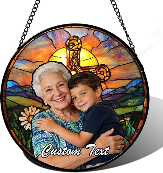 Personalized Gifts for Grandma - Custom Photo Family Portrait Faux Stained Glass Window Hanging Suncatcher, Christmas Mother's Day Home Ornaments Gift for Grandparents Nana Gigi Mom Grammy Gram