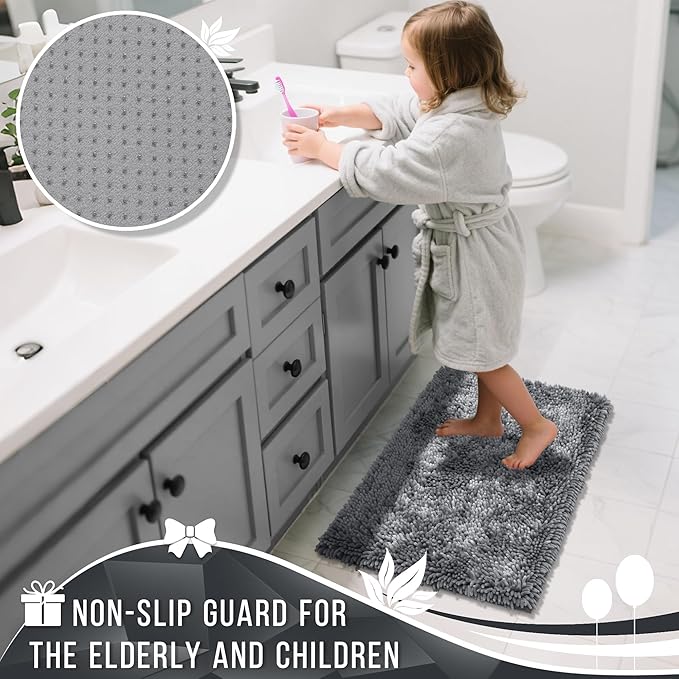Yimobra Luxury Chenille Bathroom Rug Mat, Extra Soft and Absorbent Shaggy Bath Rugs Non Slip, Machine Washble Dry, Plush Floor Carpet for Tub, Shower, and Bath Room, 44x24 Inch, Silver