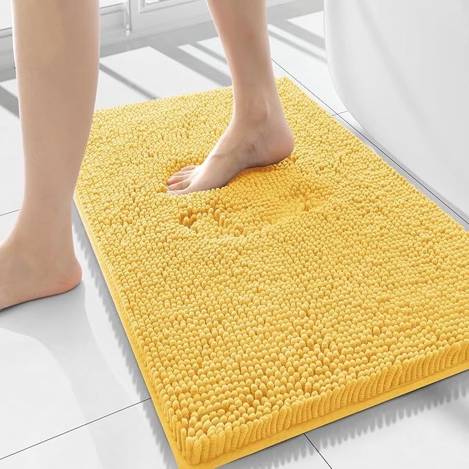 Smiry Luxury Chenille Bathroom Rugs 34x21, Extra Soft and Absorbent Shaggy Bath Mat, Machine Washable, Non-Slip Plush Carpet Runner for Tub, Shower, and Floor, Home Decor Accessories, Yellow