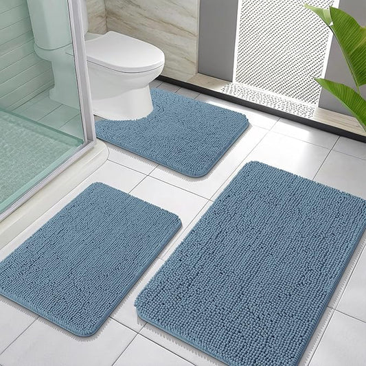 OLANLY Bathroom Rugs Sets 3 Piece, Soft Absorbent Chenille Bath Mats and U-Shaped Contour Toilet Rug, Quick Dry, Home Decor Accessories, Bath Mat Set for Bathroom (30"x20"+24"x16"+24"x20", Airy Blue)