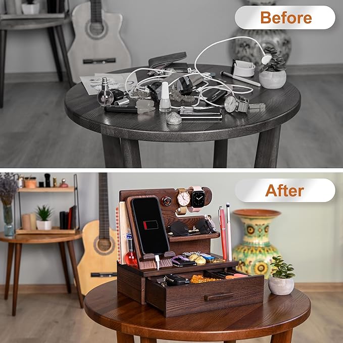 Wood Phone Docking Station with Drawer – Nightstand Desk Organizer