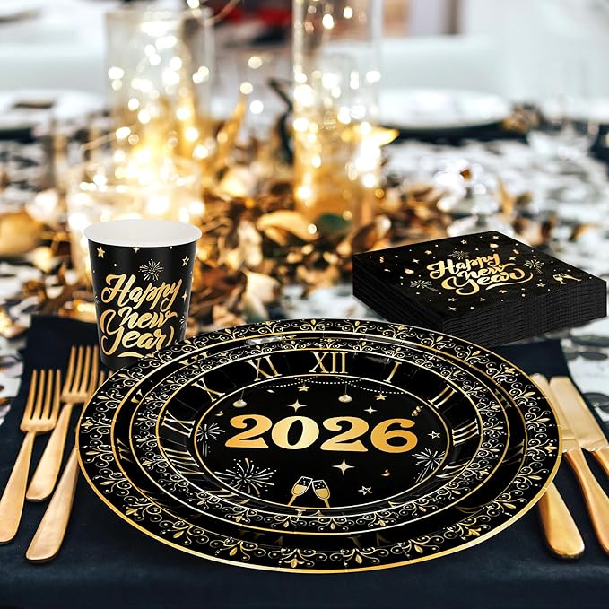 96 PCS New Years Eve Party Supplies, NYE Dinner Plates Dessert Plates Napkins Cups, Disposable New Year Plates and Napkins and Cups, Black Gold NYE Party Supplies 2026 NYE Decorations for 24 Guests
