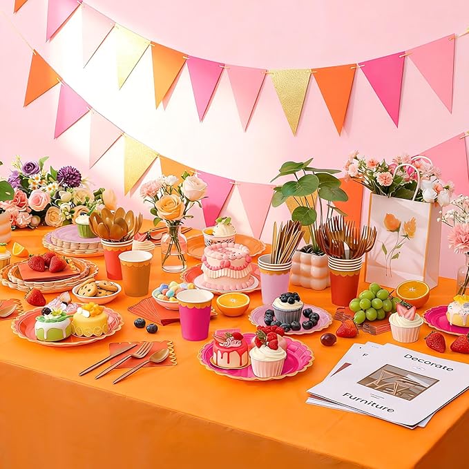 Mimorou 342 Pcs Pink and Orange Party Supplies Fall Tableware Paper Disposable Plates Napkins Cups Plastic Tablecloth Sage Golden Triangle Banner for Wedding Bachelorette Birthday