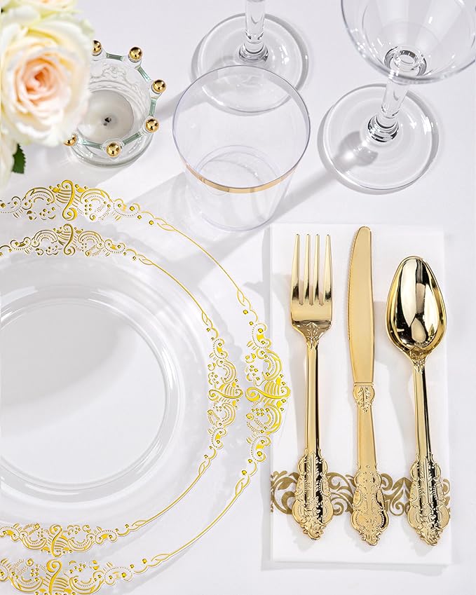 Nervure 175PCS Clear Gold Plastic Plates - Gold Disposable Dinnerware Set for 25 Guests Include 50 Disposable Plates, 75 Plastic Silverware, 25 Cups, 25 Napkins for Wedding & Party & Thanksgiving