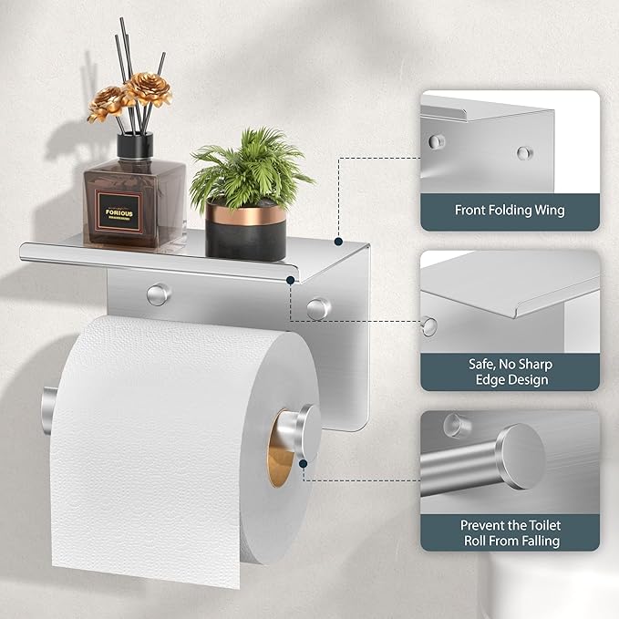 FORIOUS Bathroom Hardware Accessories Set, SUS304 Stainless Steel 24 Inch Towel Bar Set Wall Mounted, Modern Toilet Paper Holder with Shelf for Bathroom, 5 Pieces (Stainless Steel)