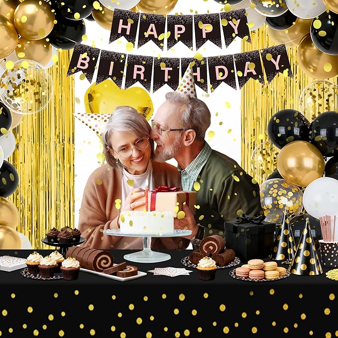 140 Pcs Black And Gold Birthday Decorations For Men And Women,Balloon,Happy Birthday Banner,Fringe Curtains,Cake Topper,Plates,Cups, For 25 Guests
