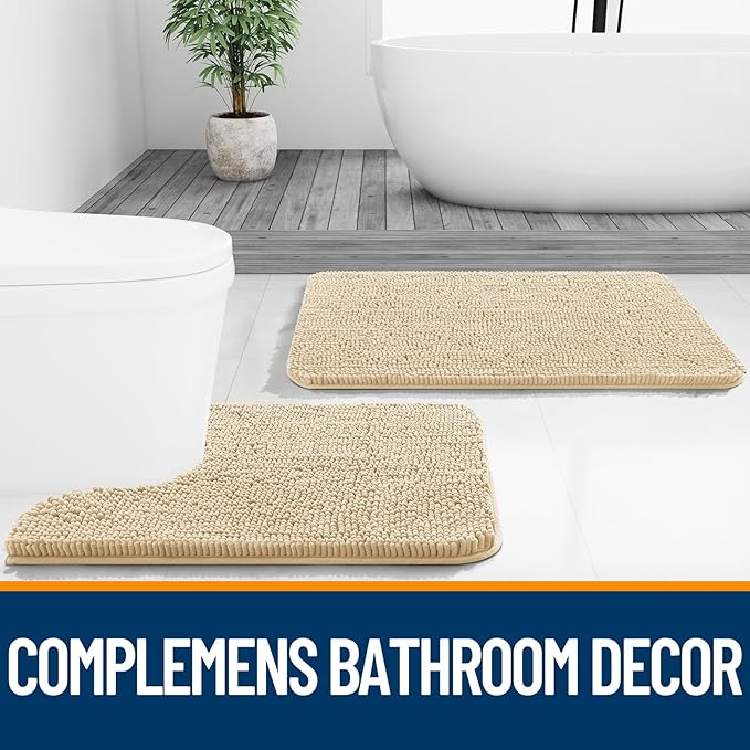 OLANLY Bathroom Rugs Sets 3 Piece, Soft Absorbent Chenille Bath Mats and U-Shaped Contour Toilet Rug, Quick Dry, Home Decor Accessories, Bath Mat Set for Bathroom (30"x20"+24"x16"+24"x20", Beige)