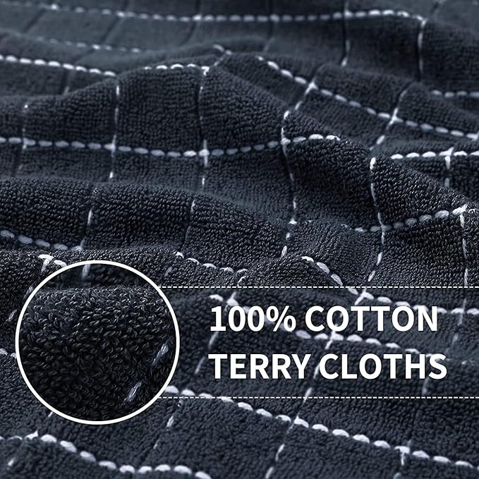 Homaxy 100% Cotton Terry Kitchen Towels(Dark Grey, 13 x 28 inches), Checkered Designed, Soft and Super Absorbent Dish Towels, 6 Pack