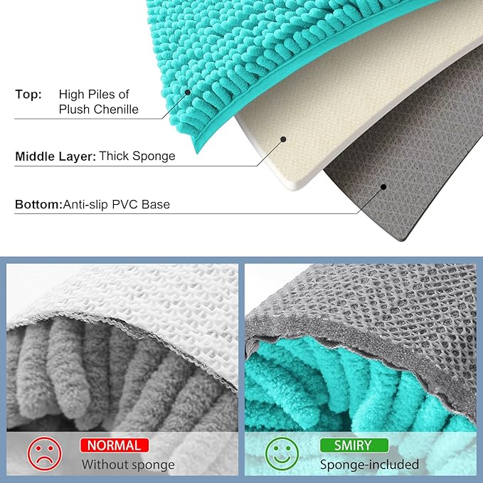 Smiry Luxury Chenille Bathroom Rugs 40x32, Extra Soft and Absorbent Shaggy Bath Mat, Machine Washable, Non-Slip Plush Carpet Runner for Tub, Shower, and Floor, Home Decor Accessories, Turquoise